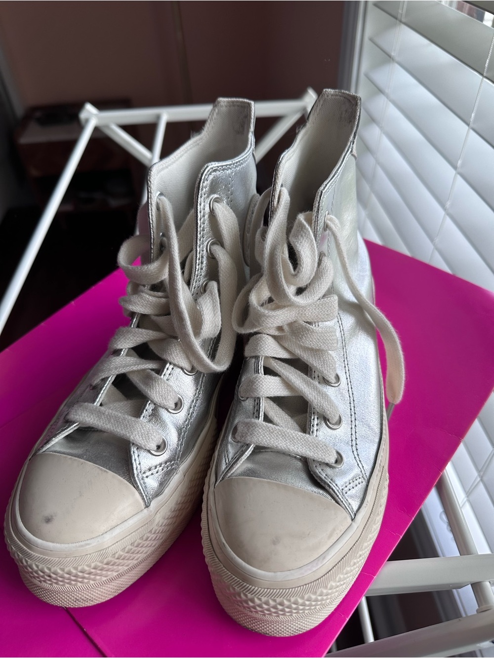 Converse Silver Metallic High-Top Sneaker with Cream Accents - Picture 4 of 5